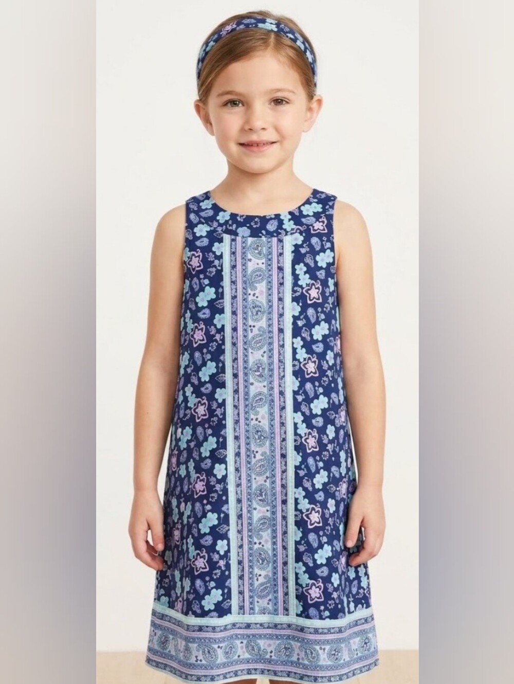 Sleeveless Floral Paisley Shift Dress - Blue, Aqua & Pink Girl's Size M (6-7)